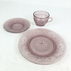 🛍3pc Set Purple Amethyst Tiara Glass Salad Dessert Plate Mug 6" and 8¼" plates